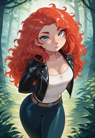 A red-haired girl with curly hair and blue eyes wearing a black leather jacket over a white blouse and tight pants, standing in a forest with vivid lighting.