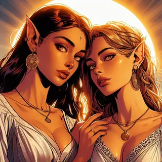 Two female elf clerics embrace in a sun temple, illuminated by a bright golden halo. They wear loose, filigrane white dresses and golden medaillons, with detailed, shiny skin and intense brown eyes.