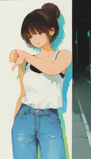 Illustration of a young woman with hair in a bun wearing a white tank top and blue jeans, standing against a wall and showing a thumbs down gesture.