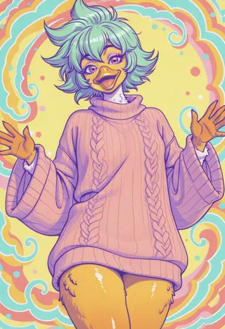 Anthro duck girl with green hair wearing a pastel oversized sweater against a vibrant psychedelic swirl background featuring pastel tones and bold lineart.