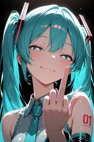 Vibrant anime-style portrait of Hatsune Miku with teal twin tails and glowing neon outline on black background, showing a smug expression with heart-shaped eyes and raising her middle finger.
