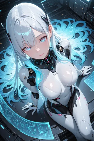 A female android with glowing neon blue hair and bright blue eyes relaxes while interacting with a holographic interface, viewed from a dynamic top angle in a sci-fi environment.