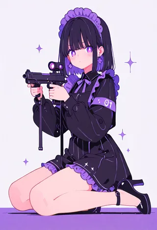 Anime-style girl dressed in a gothic maid outfit with purple accents, kneeling and holding a replica firearm, wearing black heels.