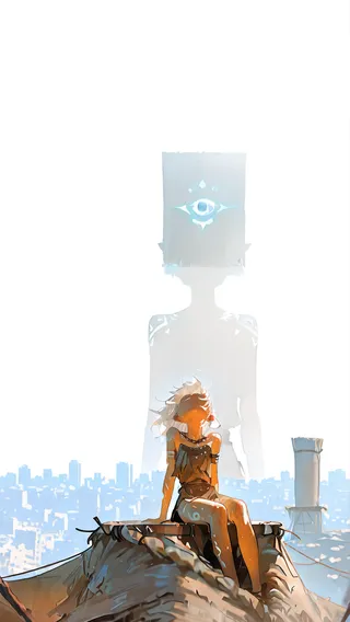 A digital illustration featuring a tribal girl with white hair sitting in front of a hut, overlooking a distant cityscape, with a large translucent mystical figure in the white background.