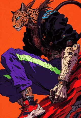 Vibrant digital drawing of an anthropomorphic leopard in a dynamic pose, wearing streetwear with a mechanical prosthetic arm, set against a neon orange background.