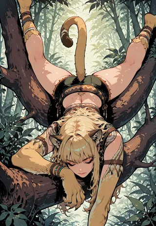 A blonde-haired puma girl with animal arms and tail lounges on a thick tree branch in a lush jungle, wearing a tribal outfit and golden fur.
