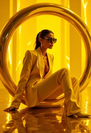 A fashion model dressed in a gold suit and wearing sunglasses sits inside a large reflective gold ring against a yellow monochrome background.