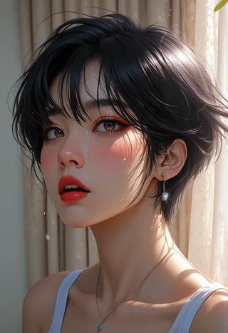 Close-up portrait of an Asian girl with a pixie cut, wearing diamond earrings and a white tank top, illuminated by dappled sunlight and realistic lighting.