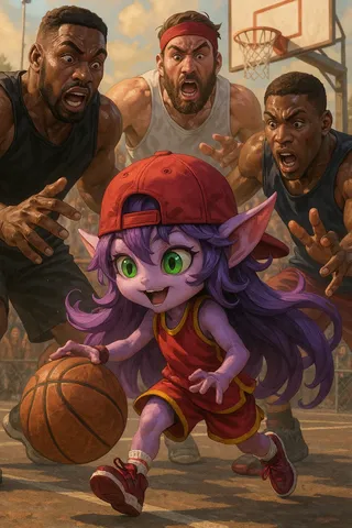 Lulu, a small purple-skinned character with green eyes and long purple hair, dribbling a basketball wearing a red cap and sports outfit, surrounded by intense players on a street basketball court.