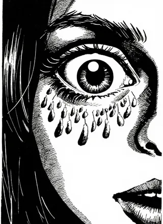 Black and white manga-style horror line art of a woman's face emphasizing a large, detailed eye with dripping teardrops, inspired by Junji Ito.