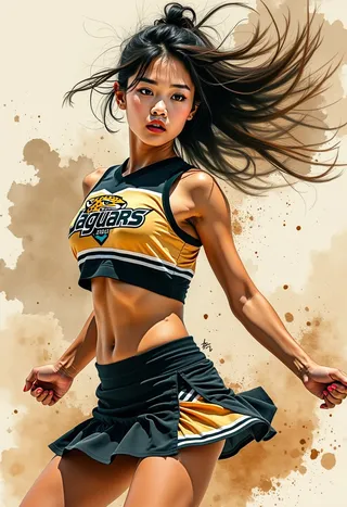 An oriental cheerleader captured mid-turn with flowing hair, wearing a black and yellow Jaguars sports crop top and miniskirt against a sepia abstract background.
