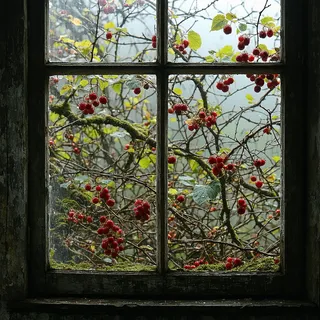 View through an antique dusty window revealing raspberry canes with red berries, moss-covered gnarled branches, and intricate shadows in natural soft light.