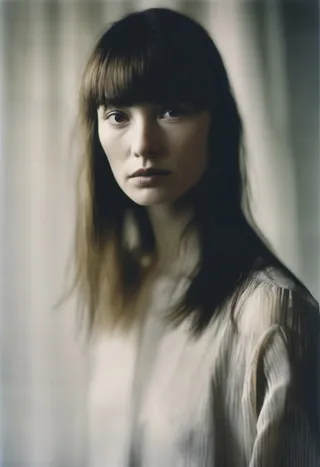 Portrait of a woman with long hair and straight bangs, softly blurred, illuminated by morning light and shadows.