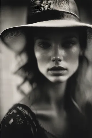 Portrait of a woman wearing a mesh hat with morning light casting shadows through the mesh onto her face, slightly blurred effect.