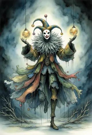Ghostly jester Phantom Harlequin wearing a cracked porcelain mask and tattered patchwork costume, juggling glowing spectral orbs amidst a swirling twilight background in watercolor style.