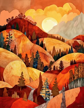 A vibrant and colorful illustration of a mountainous landscape featuring rolling hills, a bright sun, and diverse trees with a warm color palette of oranges, reds, and yellows.