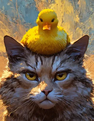 Close-up image of a fluffy ginger cat with narrowed golden eyes, a bright yellow duckling sitting perched on its head, warm color palette background