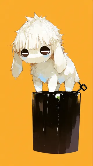 A cute fluffy creature with large round eyes and a sad expression standing on a black cylindrical object against an orange background.