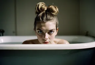 Portrait of a woman with dark blonde hair styled in a high bun, peeking out of a large bathtub with soft morning light and film grain effect.
