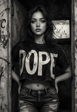 Black and white urban portrait of a confident young woman with long dark hair wearing a cropped black t-shirt with DOPE graphic and distressed jeans, standing in a dimly lit graffiti-covered doorway with a blurred TV showing a sports game in the background.