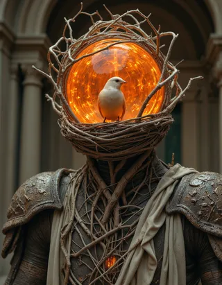 A surreal humanoid figure with a luminous orange spherical head containing a small white bird perched in a twig nest, crowned by gnarled white branches. The figure's body is formed by interwoven roots and twigs, decorated with aged stone armor plates and a draped white cloth, set against blurred classical stone architecture.