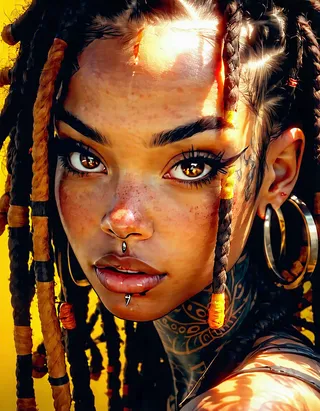 Close-up hyperrealistic cyberpunk portrait of a girl with messy brown dreadlocks, sun-kissed skin, henna mandala tattoos, facial piercings, and expressive eyes, featuring warm colors and a furtive gaze.