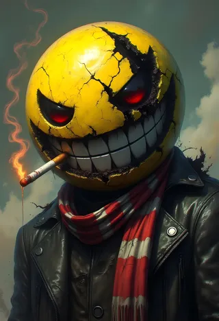 Digital artwork of a cracked yellow smiley face with a menacing grin, red eyes, wearing a leather jacket and red-striped scarf, smoking a cigarette.