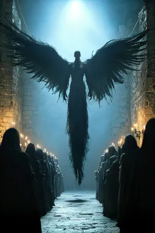 A tall, dark humanoid figure with large feathery wings hovers above a cloaked crowd in a dimly lit stone hall illuminated by candles.