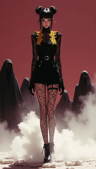 Full body portrait of a tall girl with space buns hairstyle wearing black lace top with yellow details, black shorts, patterned black tights and ankle boots, standing on a rooftop surrounded by white dust and mysterious dark hooded figures in the background with a maroon gradient backdrop.