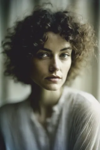 Portrait of a woman with short curly hair, softly blurred with morning light and shadows, photographed in the style of Paolo Roversi.