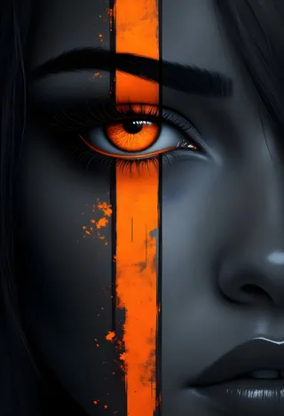 Close-up of a woman’s left face focusing on a glowing orange eye with an orange vertical stripe running down the face.