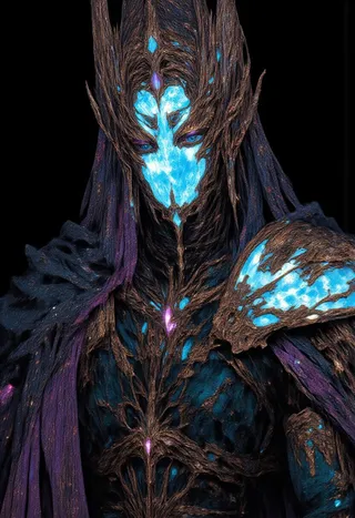A dark fantasy warrior wearing intricate glowing armor with blue luminescence and an ethereal face mask, standing against a black background.