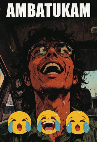 Close-up of a man with curly hair and round glasses laughing or crying intensely with tears visible, three crying-laughing emojis at the bottom and bold AMBATUKAM text at top.