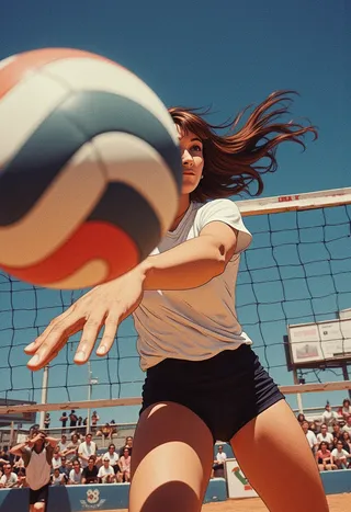A female volleyball player reaching out to hit a volleyball very close to the camera, with her hair flowing and a volleyball net and crowd blurred in the background under a clear blue sky.