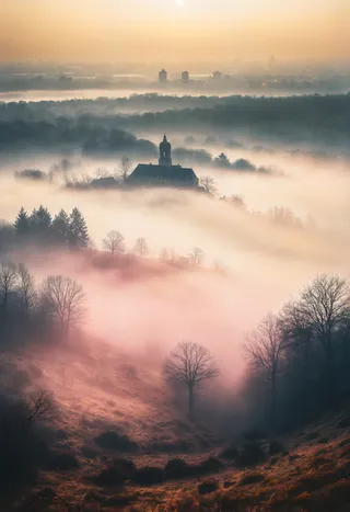 A photorealistic fog enveloping a cityscape with silhouettes of trees and a prominent building, bathed in soft hues of pink, yellow, and orange at sunset.