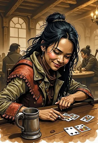 A Filipina rogue with a cunning smirk sits at a wooden tavern table, pointing to her winning cards while a metal tankard sits nearby, rendered in warm sepia ink wash style.