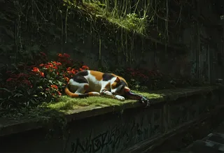 A calico cat peacefully sleeping on moss-covered ledge surrounded by red flowers, featuring a cyberpunk-style robotic arm prosthesis, with a twilight ambiance and graffiti-covered walls.