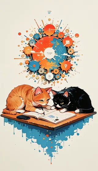 An orange and a black cat studying together on a table with an open book, against an abstract, colorful depiction of the periodic table of elements.