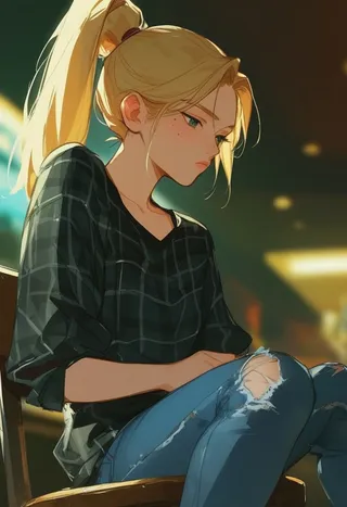 Anime-style blonde girl with freckles and a ponytail, wearing a black plaid shirt and ripped blue jeans, sitting on a stool in a dimly lit bar background.
