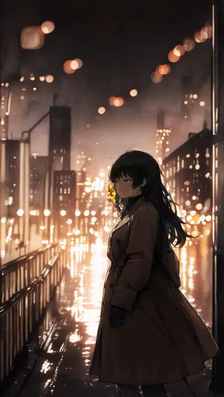 A girl with black hair wearing a brown trench coat and gloves stands on a rainy city street at night, illuminated by warm bokeh lights with an exhausted expression.