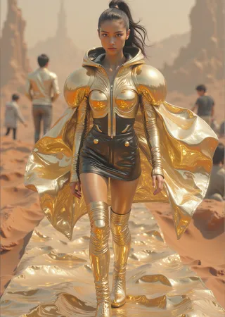 Asian female model wearing a shiny gold metallic jacket with oversized shoulders and a black armored skirt walking on a golden runway in a Martian desert setting.
