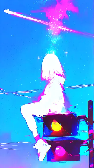 Vibrant digital art of a glowing girl sitting on a traffic light against a bright blue sky with pink contrails and sparkling effects