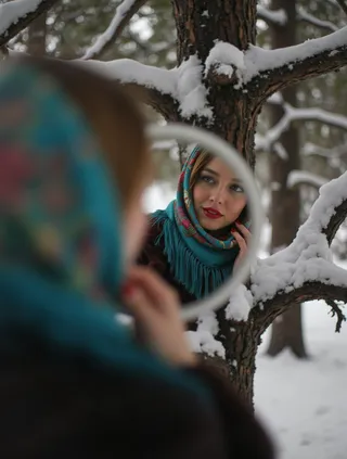 Woman wearing a turquoise scarf with fringe and fur coat looking at her reflection in a small round mirror with snow-covered trees in the background