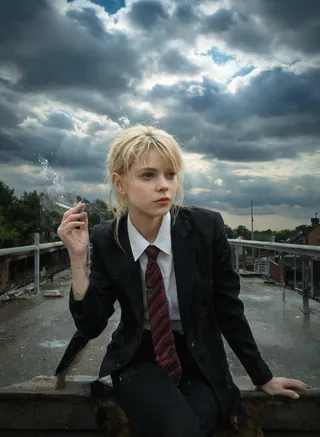 Young woman with blonde hair in a black suit and red striped tie, sitting on a rainy rooftop with cigarette smoke rising, under a dramatic stormy sky.