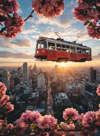 A classic red and white tram floating mid-air above a bustling cityscape during sunset, framed by vibrant pink cherry blossoms.