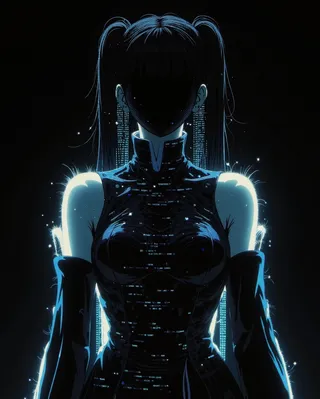 Haunting upper body portrait of Hatsune Miku with pigtails and iconic dress, her face a void and body dissolving into digital code and light particles.
