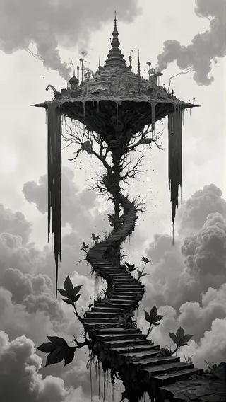 A surreal black-and-white image of a floating temple supported by a twisted spiral staircase made of skeletal leaves, surrounded by thick clouds and draping ink-like structures.