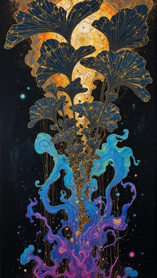 Portrait of cascading lattice of golden thread intertwined with intricate obsidian petals glowing with bioluminescent runes and surrounded by iridescent mist and swirling blue and purple energy.