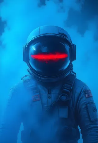 Close-up of a faceless astronaut standing in a blue mist wearing a space suit with a red horizontal stripe across the visor