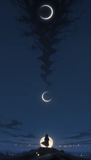 A night sky featuring two bright crescent moons, a silhouetted figure standing on a hill against a glowing full moon, and the dark outline of a tree blending into the sky.